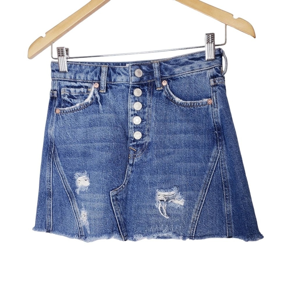 We The Free Distressed A-Line Button Fly‎ Denim Mini Skirt Sz 24